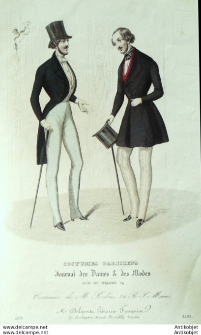 Gravure de mode Costume Parisien 1838 n°3593 Costumes homme en drap gilets