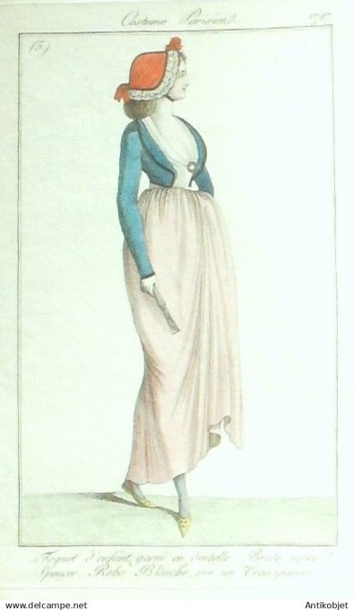 Gravure Costume Parisien 1797 an 5 #  5 (eau forte) Bride noire Spencer Robe blanche