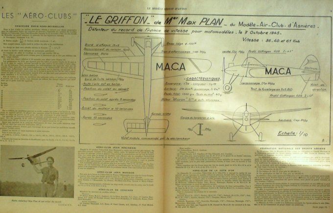 Le Modèle Réduit d'Avion 1945 # 84 Plans du planeur début Baby du Griffon Curtiss X.P 55 Ascender