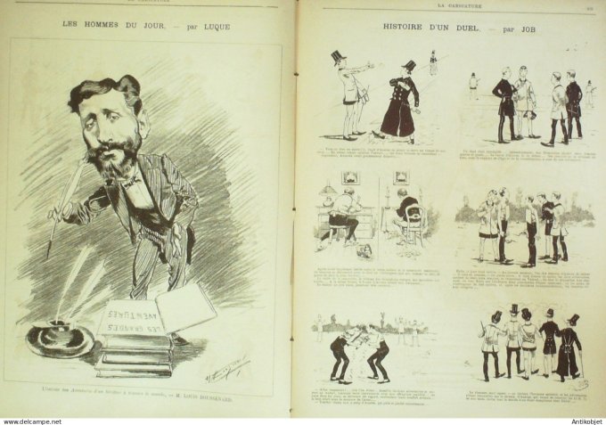 La Caricature 1885 n°312 Sur le terrain Sorel Gino Boussenard par Luque Duel Job Loys