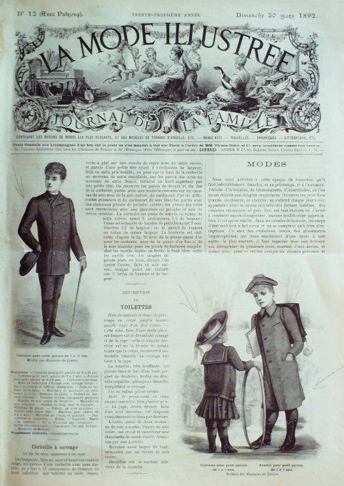 Journal Mode illustrée 1892 # 12 Costumes d'enfants