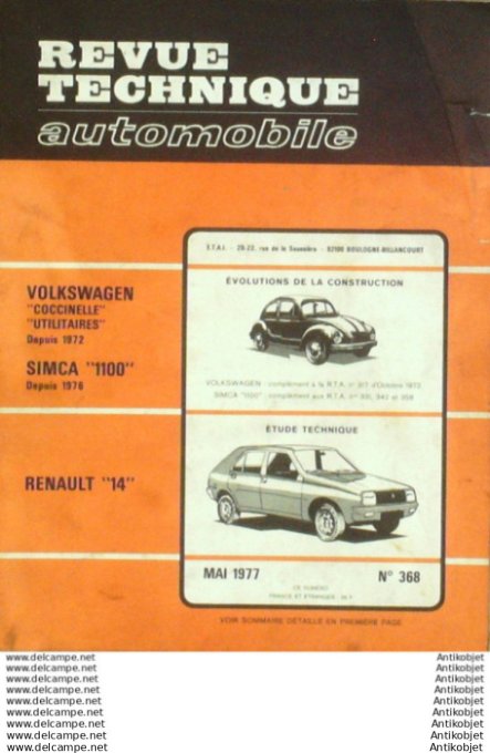 Revue Technique Automobile Renault 14 Volkswagen Coccinelle Simca 1100  #368