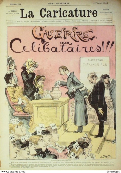 La Caricature 1882 n°111 Guerre aux célibataires Robida Mme Machideau Quidam