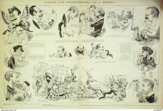 La Caricature 1882 n°111 Guerre aux célibataires Robida Mme Machideau Quidam