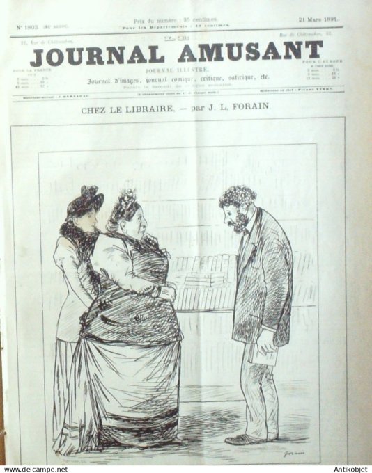 Le Journal Amusant 1891 n°1803 Chez le libraire propos carnavalesques Mondanit és  le traqueur