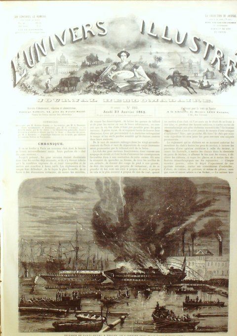 L'Univers illustré 1862 # 193 Toulon incendie Santi-Piétri Rome Monte-Cavallo Caroline Sud Charlesto