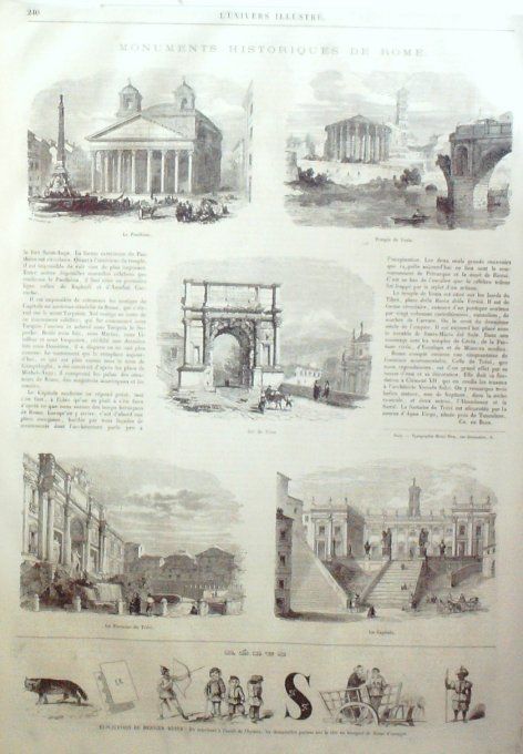 L'Univers illustré 1862 # 215 Panthéon Temple de Vesta Italie Fontaine de Trévi Turin