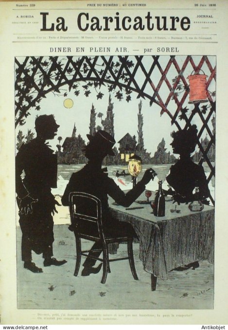 La Caricature 1886 n°339 Dîner plein air Sorel Mélassier Caran d'Ache Faria Gladstone par Luque