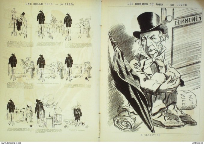 La Caricature 1886 n°339 Dîner plein air Sorel Mélassier Caran d'Ache Faria Gladstone par Luque