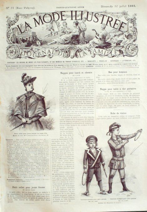 Journal Mode illustrée 1893 # 31 Collet et costumes matelot enfants