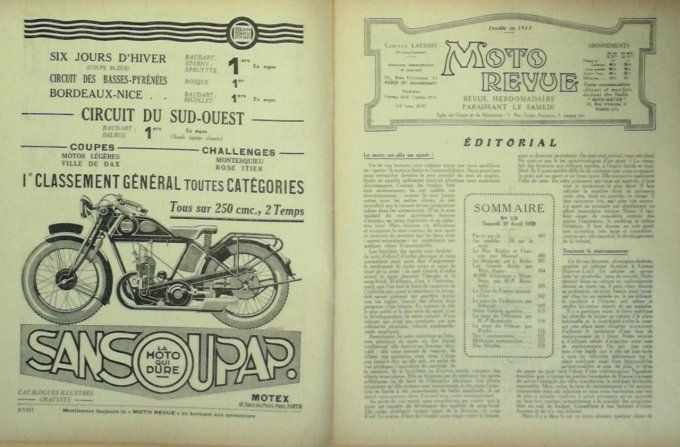 MMoto Revue 1929 n° 320 Bloc Bridier Charron Maillard Brune Lynser Dunelt