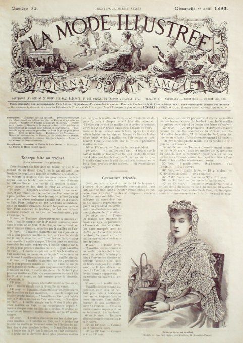 Journal Mode illustrée 1893 # 32 Echarpe ,au crochet