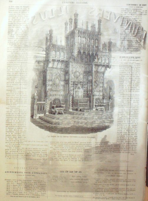 L'Univers illustré 1864 " 330 Westminster Trône Danemark Bernstorf Italie Civita-Vecchia  