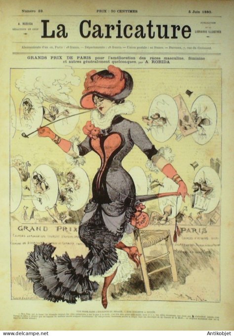 La Caricature 1880 n°  23 GP de Paris amélioration des races masculines Barret Robida