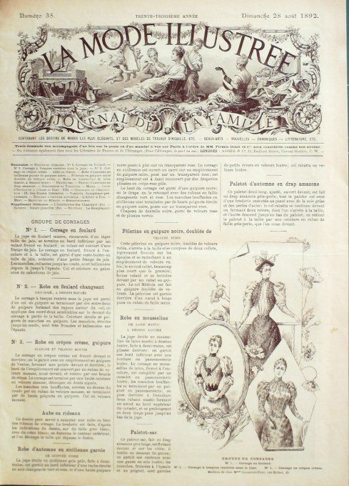 Journal Mode illustrée 1892 # 35 Corsages