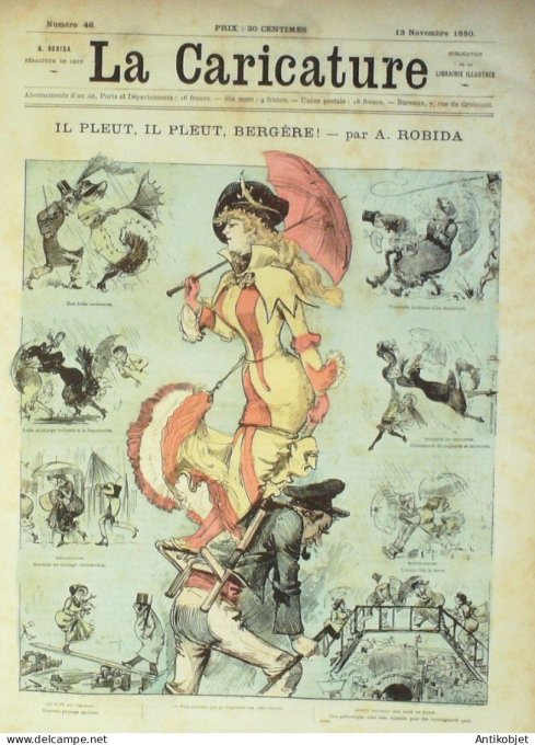 La Caricature 1880 n°  46 Il pleut Bergère Robida Barret Draner Esquisses maritimes Gino