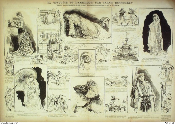 La Caricature 1881 n°  60 Conquête de l'Amérique Sarah Bernhardt Barret Trock Draner