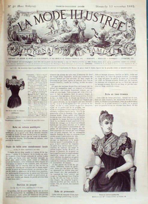 Journal Mode illustrée 1892 # 46 Robe de velours