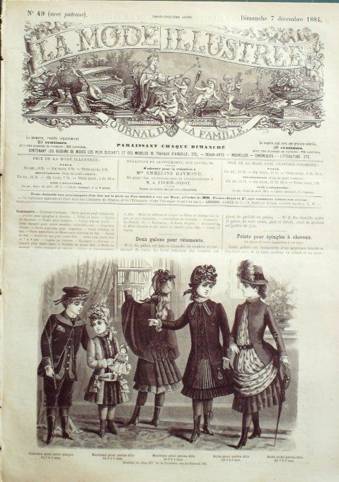 Journal Mode illustrée 1884 # 49 Costumes garçon & Manteau fillette