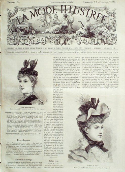 Journal Mode illustrée 1893 # 50 Chapeau & toque de jeunes filles