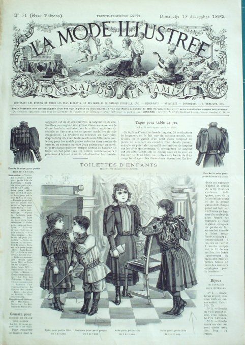 Journal Mode illustrée 1892 # 51 Costumes d'enfants