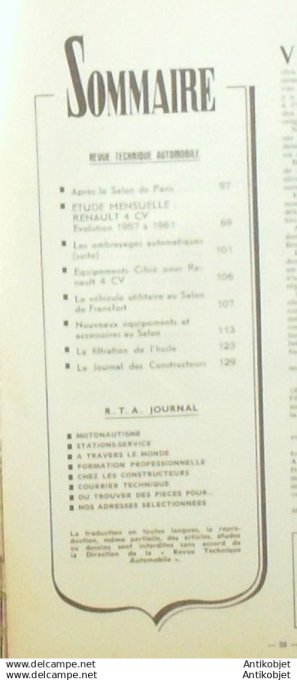 Revue Technique Automobile Renault 4cv équipements Cibié Salon Francfort 187#1961