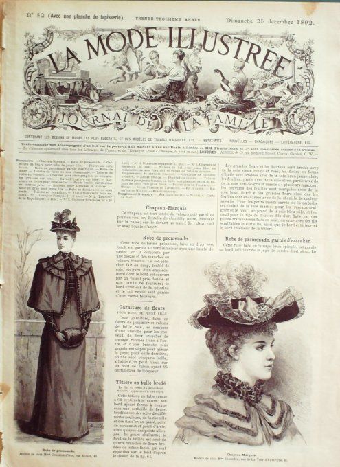 Journal Mode illustrée 1892 # 52 Robe de promenade chapeau Marquis