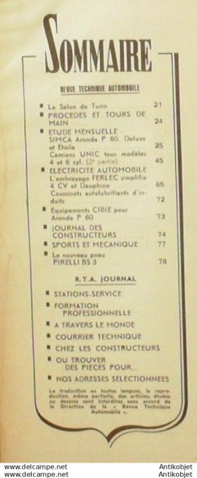 Revue Technique Automobile Simca Aronde P60 Deluxe & étoile Camions UNIC 165#1960