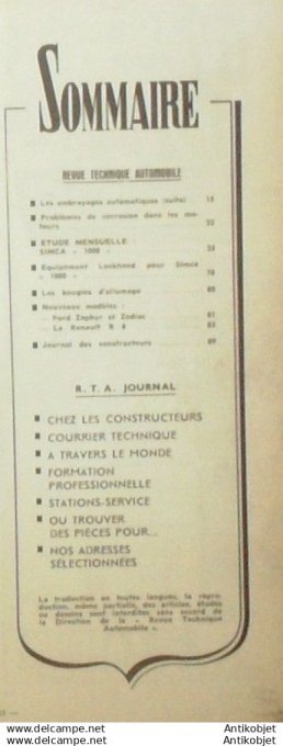 Revue Technique Automobile Simca 1000 Ford Zephyr et Zodiac Renault R8 196#1962