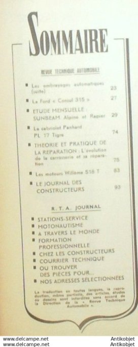 Revue Technique Automobile Ford Consul 315 Sunbeam Alpine Rapier Panhard PL 17 Tigre 183#1961