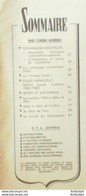 Revue Technique Automobile Simca Aronde salons Londres Turin Paris 188#1961