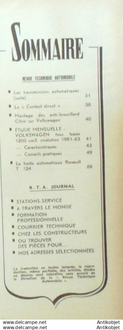 Revue Technique Automobile Volkswagen 1200cm3 Renault T124 anti-brouillard Ciblé 200#1962