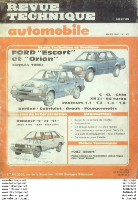 Revue Technique Automobile Ford Escort & Orion 1986 Renault 9/11  #477