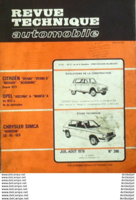 Revue Technique Automobile Chrysler Simca Opel Ascona Manta Citroën Dyane  #380