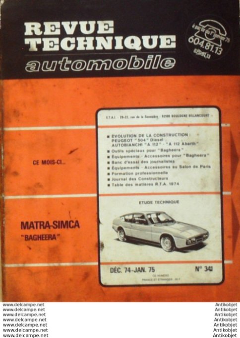 Revue Technique Automobile Matra Simca Bagheera Autobianchi A112  #341