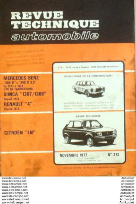 Revue Technique Automobile Mercedes-Benz Simca 1307 Renault 4 Citroën LN  #372