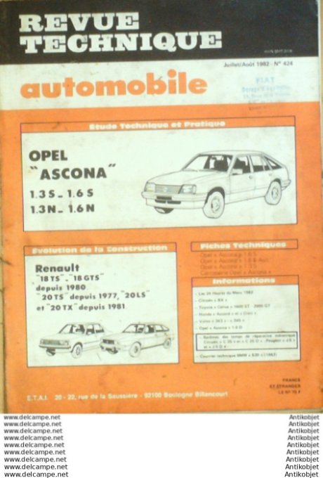 R.T Automobile Opel Ascona Renault 18 & R20   # 424