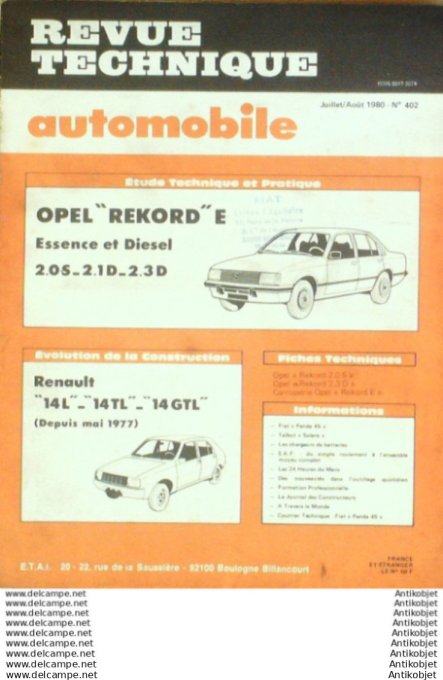 Revue Technique Automobile Opel Rekord Renault 14 Talbot Solara Fiat Panda 45  #402