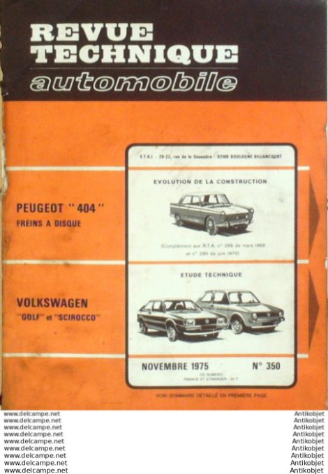 Revue Technique Automobile Peugeot 404 Volkswagen Scirocci & Golf  #350