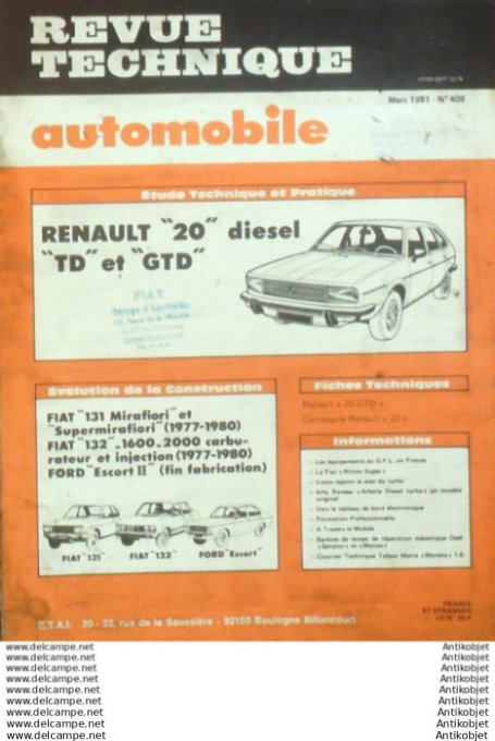 R.T Automobile Renault 20 Fiat 131 132 Ford Escort II   # 409