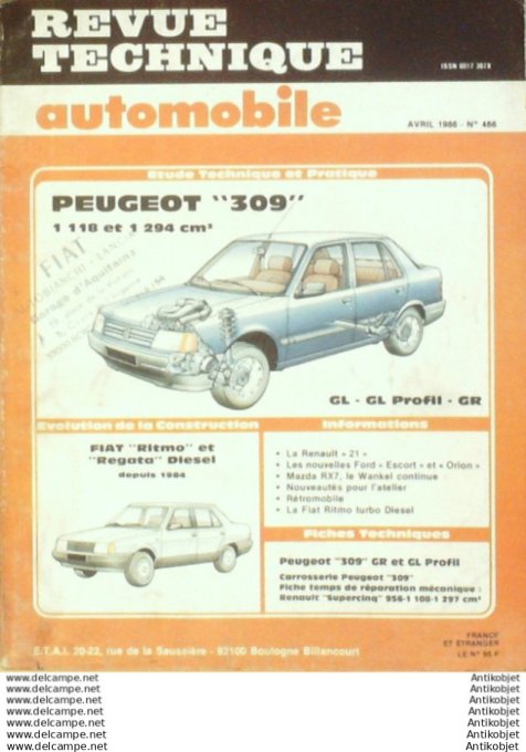 Revue Technique Automobile Peugeot 309 1118/1294 Fiat ritmo Regata D 1984  #466