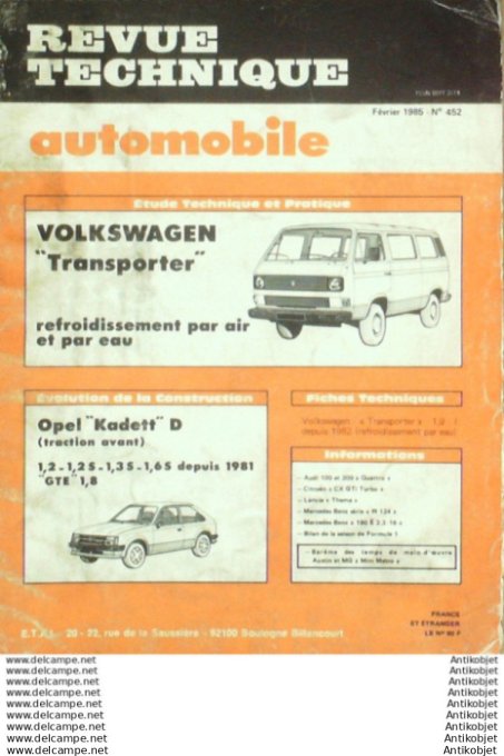 Revue Technique Automobile Volkswagen Transporter Opel Kadett D  #452