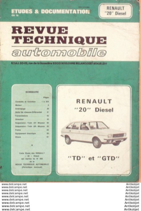 Revue Technique Automobile Renault 20 diesel  #509