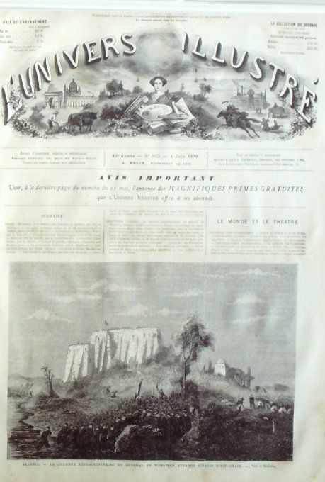 L'Univers illustré 1870 # 803 Algérie Ain-Chair Rome Portugal Lisbonne Jérusalem Chiffonnière  