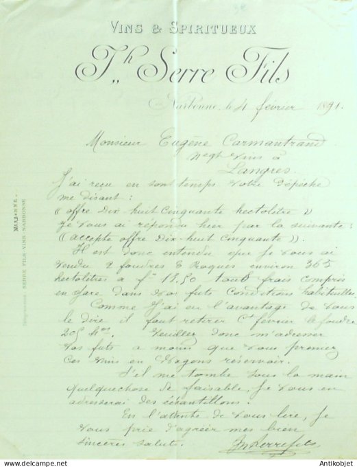 Lettre Ciale Th Serre fils (vins spiritueux) 1891 Narbonne (66)