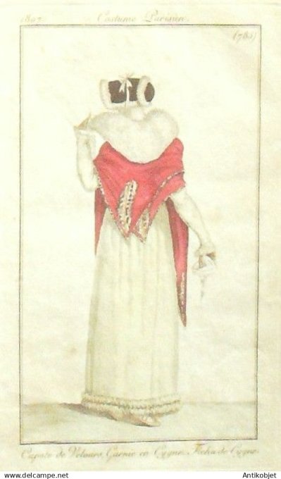 Gravure Costume Parisien 1807 # 785 (eau forte) Fichu de cygne