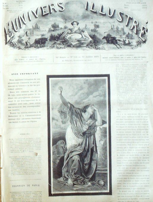 L'Univers illustré 1871 # 851 Nouvelle-Calédonie Brest (29) Suisse Mont-Cenis Rome Quirinal Vanves (