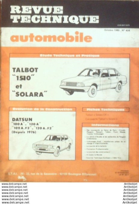 Revue Technique Automobile Talbot 1510 & Solara Datsun 100/120  1976  #404