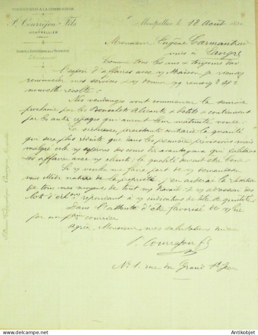 Lettre Ciale P.Courréjou fils (Vins du midi) 1893 à Montpellier (34)