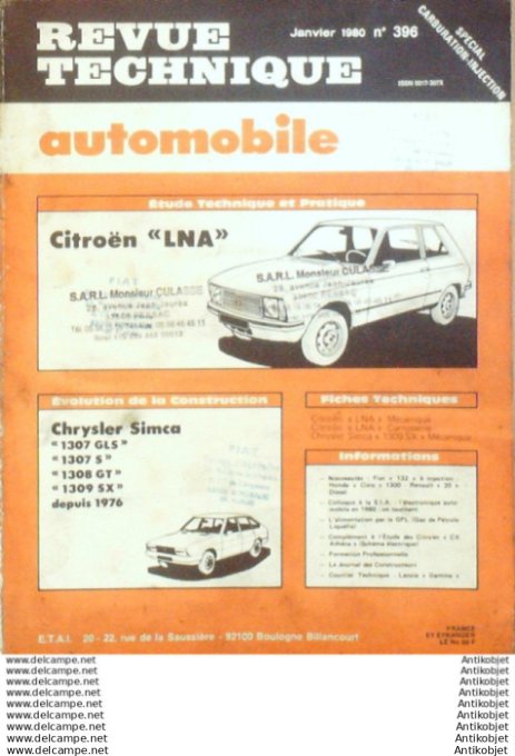 Revue Technique Automobile Citroën Lna Chrysler Simca 1307 1308 1309  #396